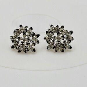 Silver Tone Stud Earrings Rhinestone Diamonds Black White Enamel Flowers